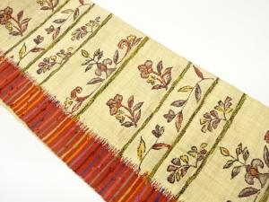 手織り真綿紬横段に草花模様織出し名古屋帯